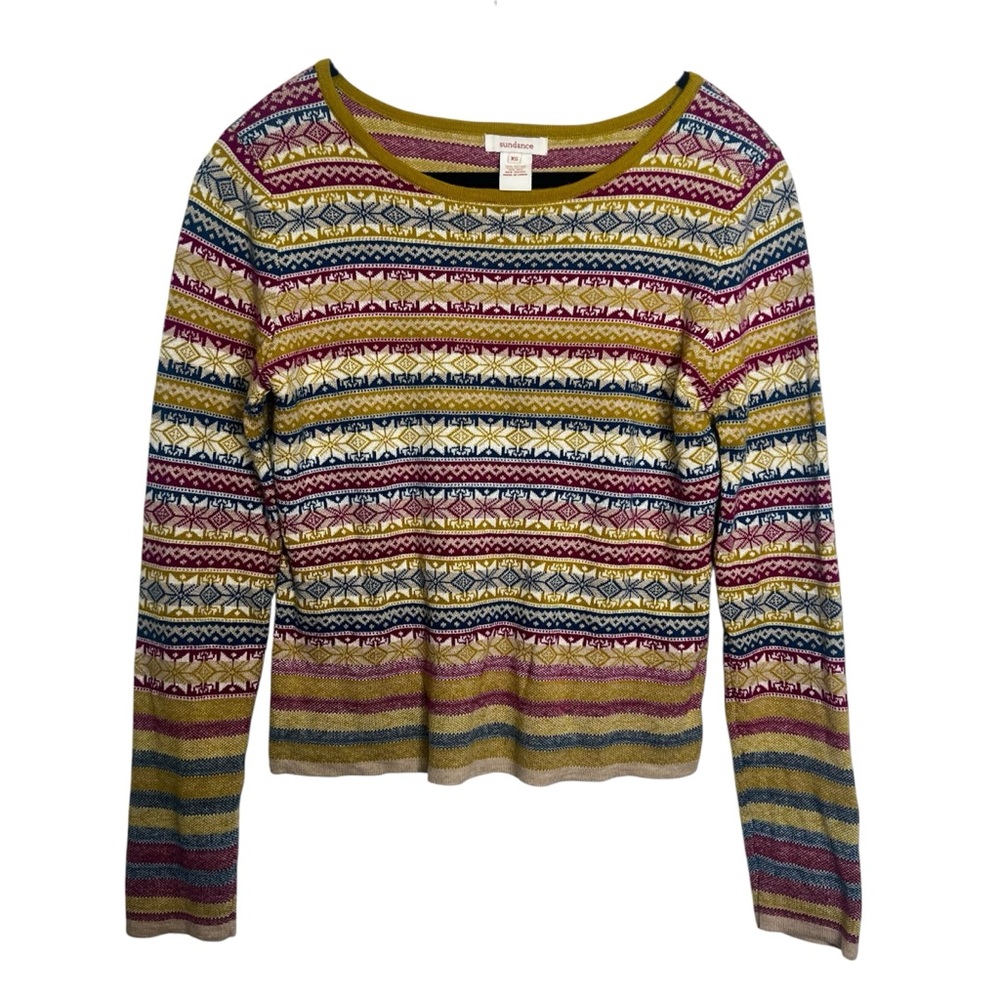 Sundance Cotton Silk Blend Fair Isle Nordic Sweater Womens XS Purple Gold Stripe